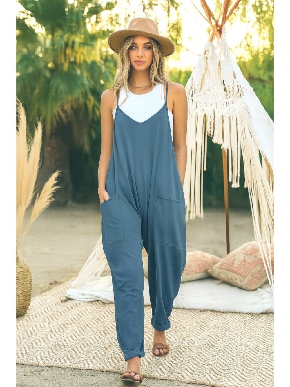 Oversized L Hippie V-Neck Sleeveless Wide Leg Pant Oversized One-piece Jumpsuit